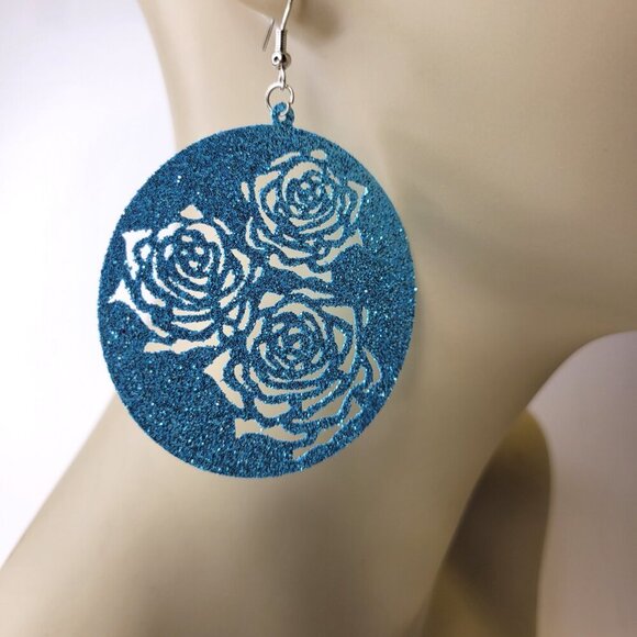 Blue Filigree Glitter Round Earrings - Picture 2 of 4